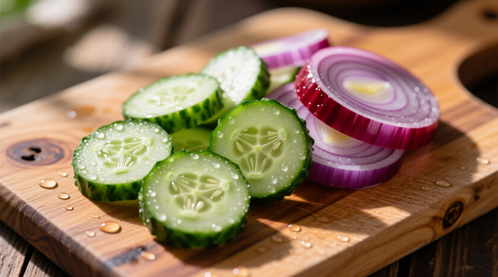 Fresh cucumber and red onion slices on wooden cutting board