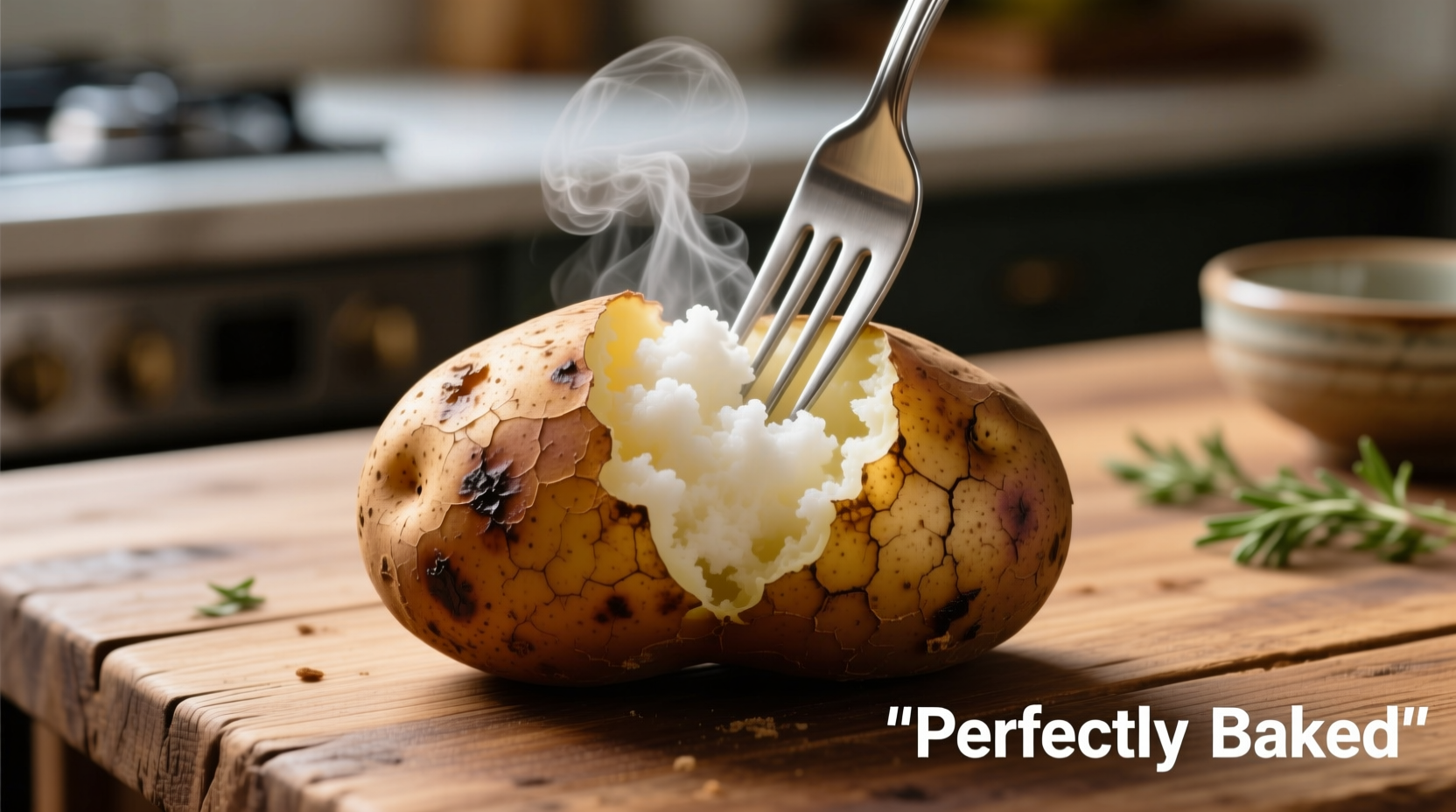 Perfectly baked russet potato with fork showing fluffy interior
