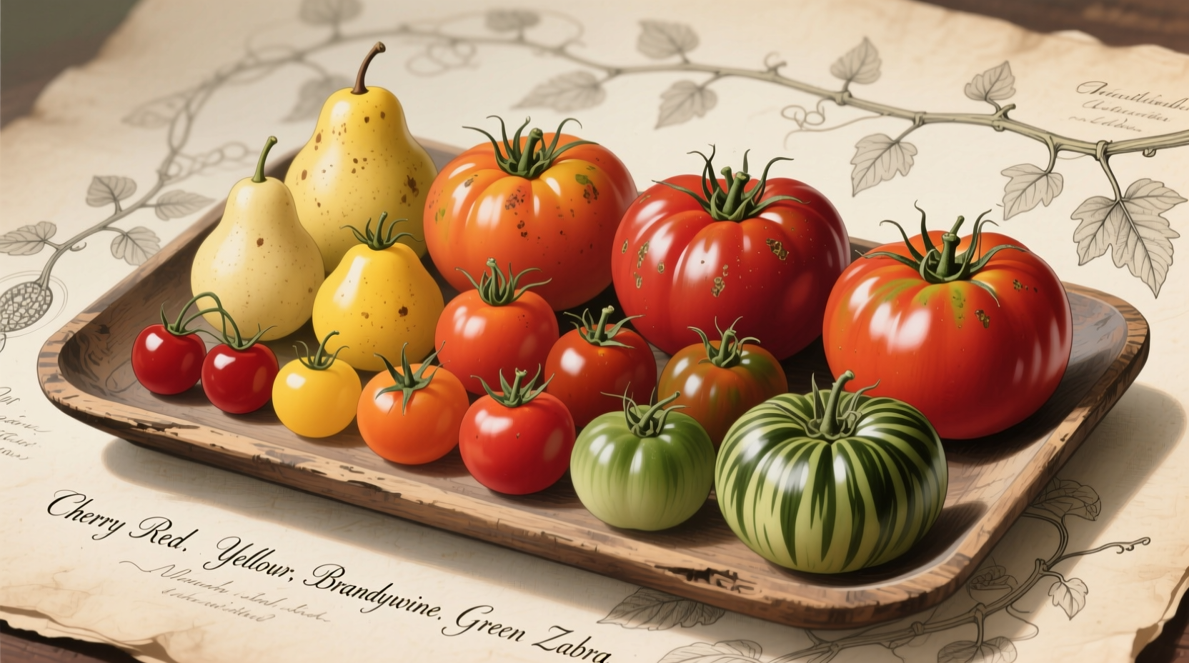 Various tomato types arranged by color and size