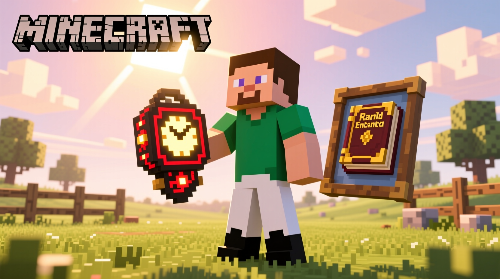 Minecraft player holding crafted clock next to item frame in daylight