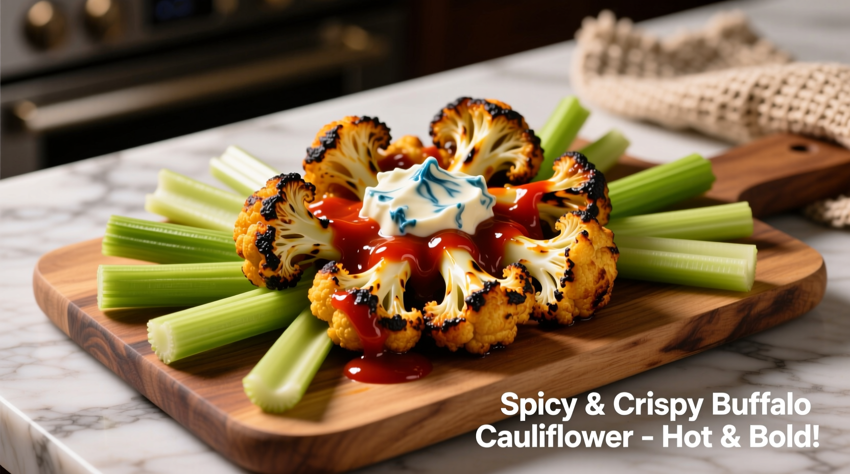 Crispy buffalo cauliflower served with celery and blue cheese