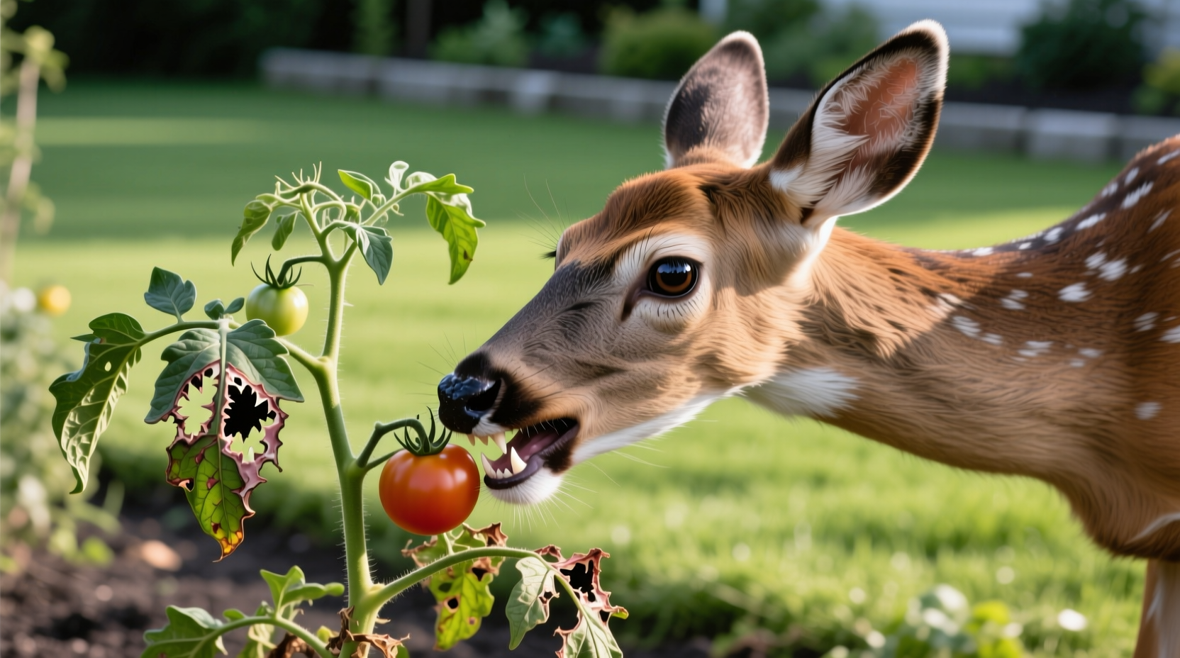 Close-up of deer eating tomato plants in a garden with visible bite marks on leaves