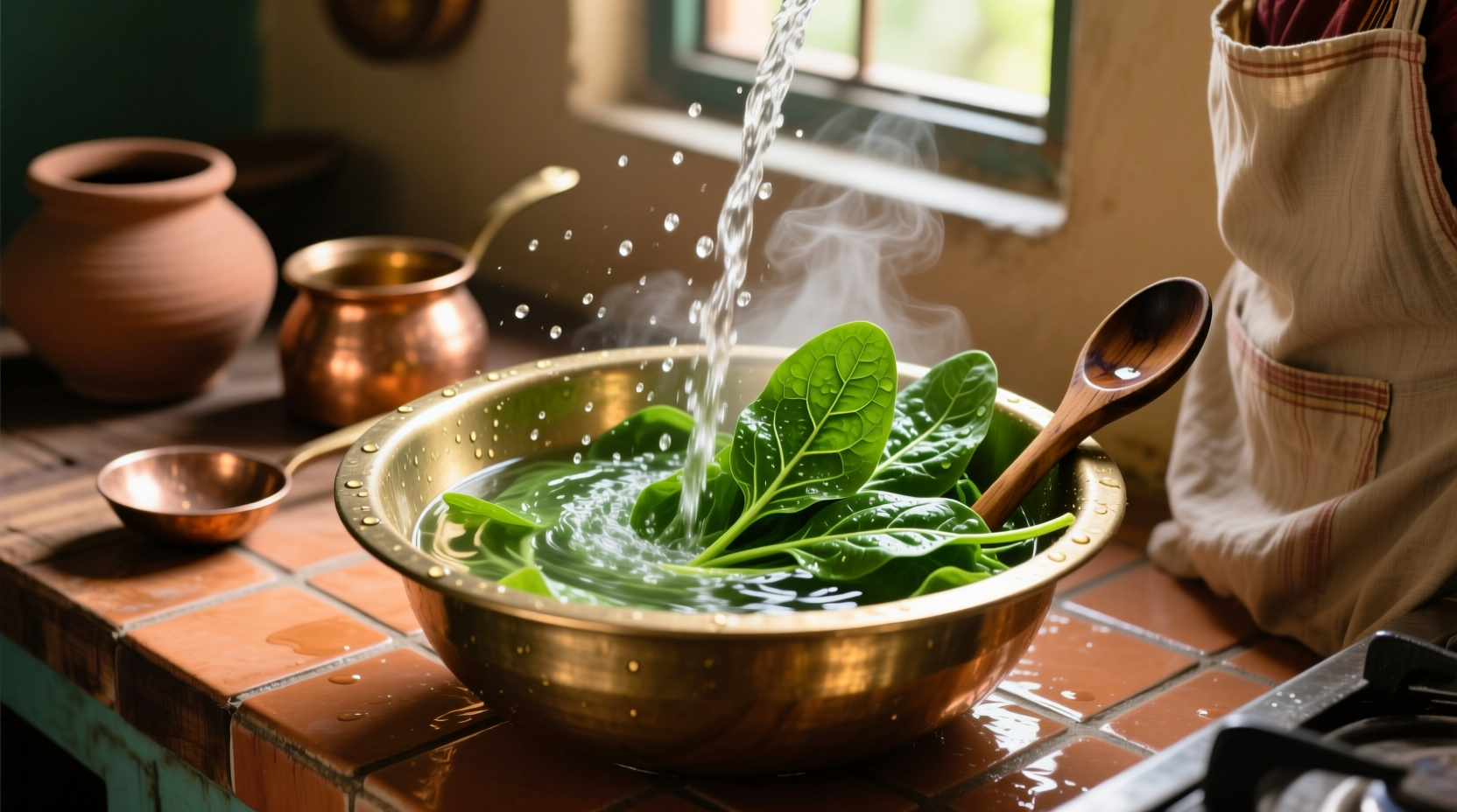 Fresh spinach leaves being washed in traditional Indian kitchen