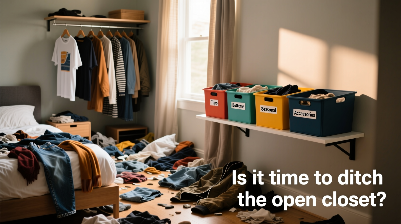 clothes everywhere is it time to ditch the open closet and switch to organizer bins