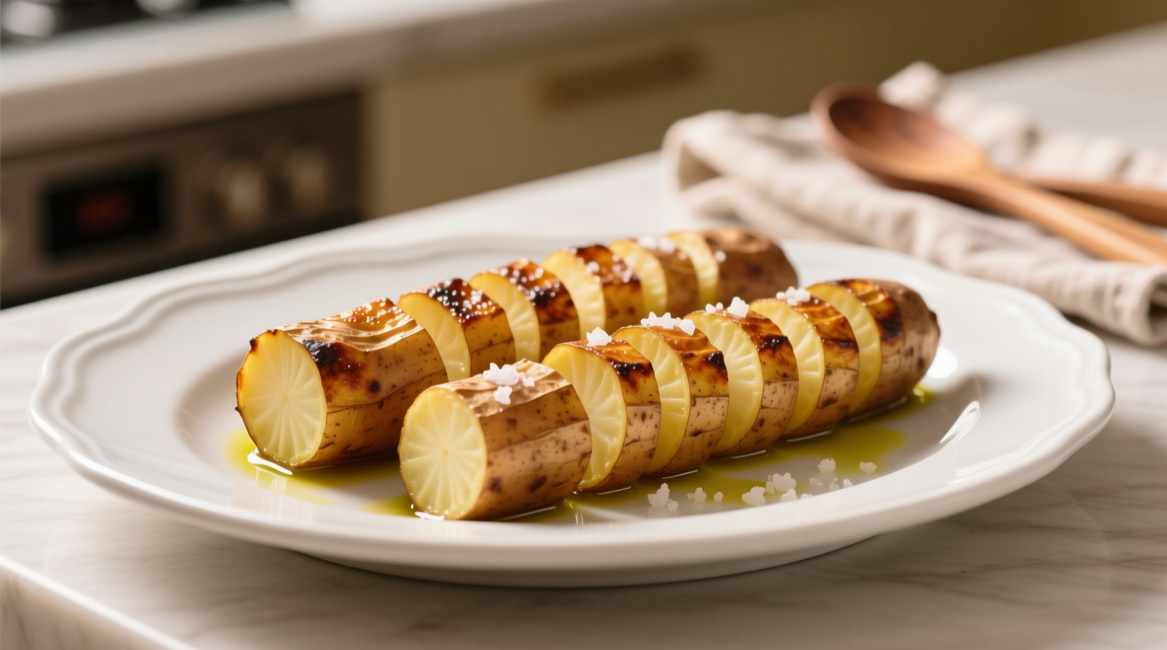 Golden brown potato logs served on white plate