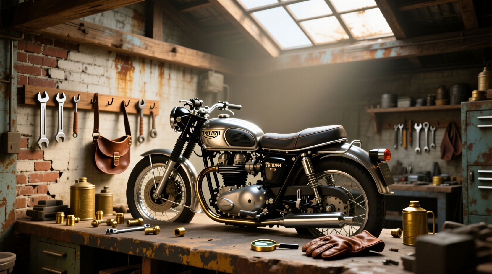 Vintage Triumph motorcycle engine parts laid out on a workbench with tools