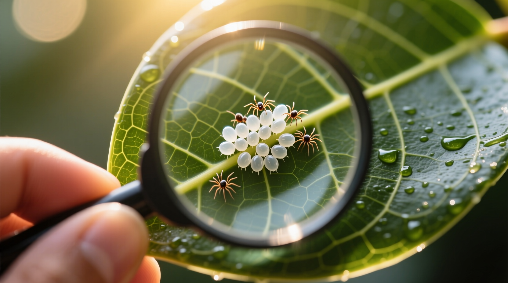 Close-up photograph showing a hand holding a 10x magnifying lens over the underside of a rubber plant leaf, revealing tiny white spider mite eggs clustered along a central vein, with natural daylight illumination