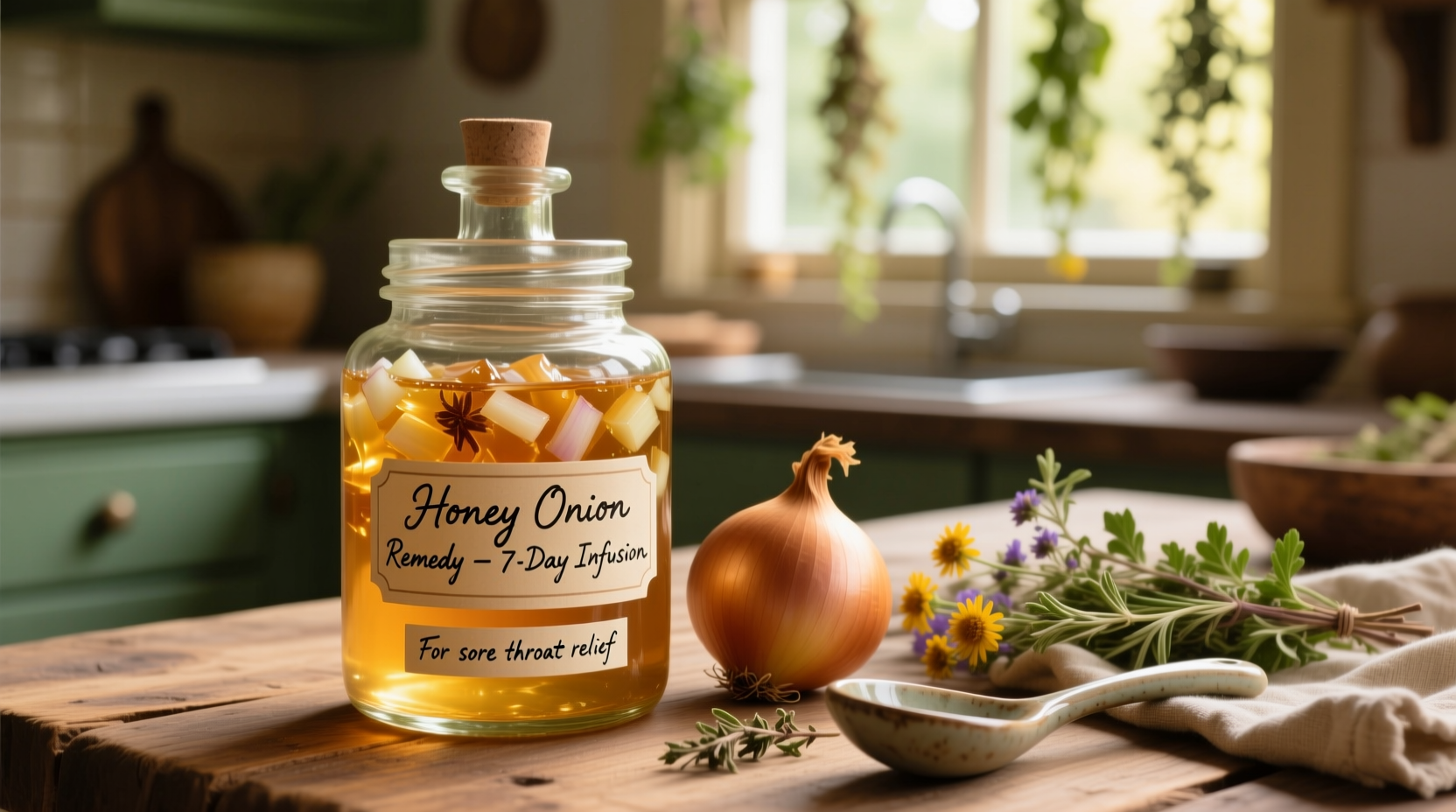 Honey onion remedy preparation in glass jar
