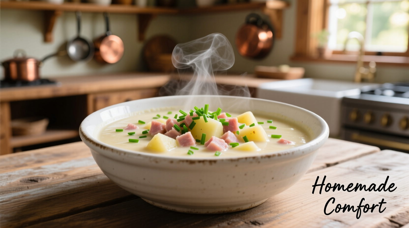 Creamy ham and potato chowder in white bowl with fresh chives