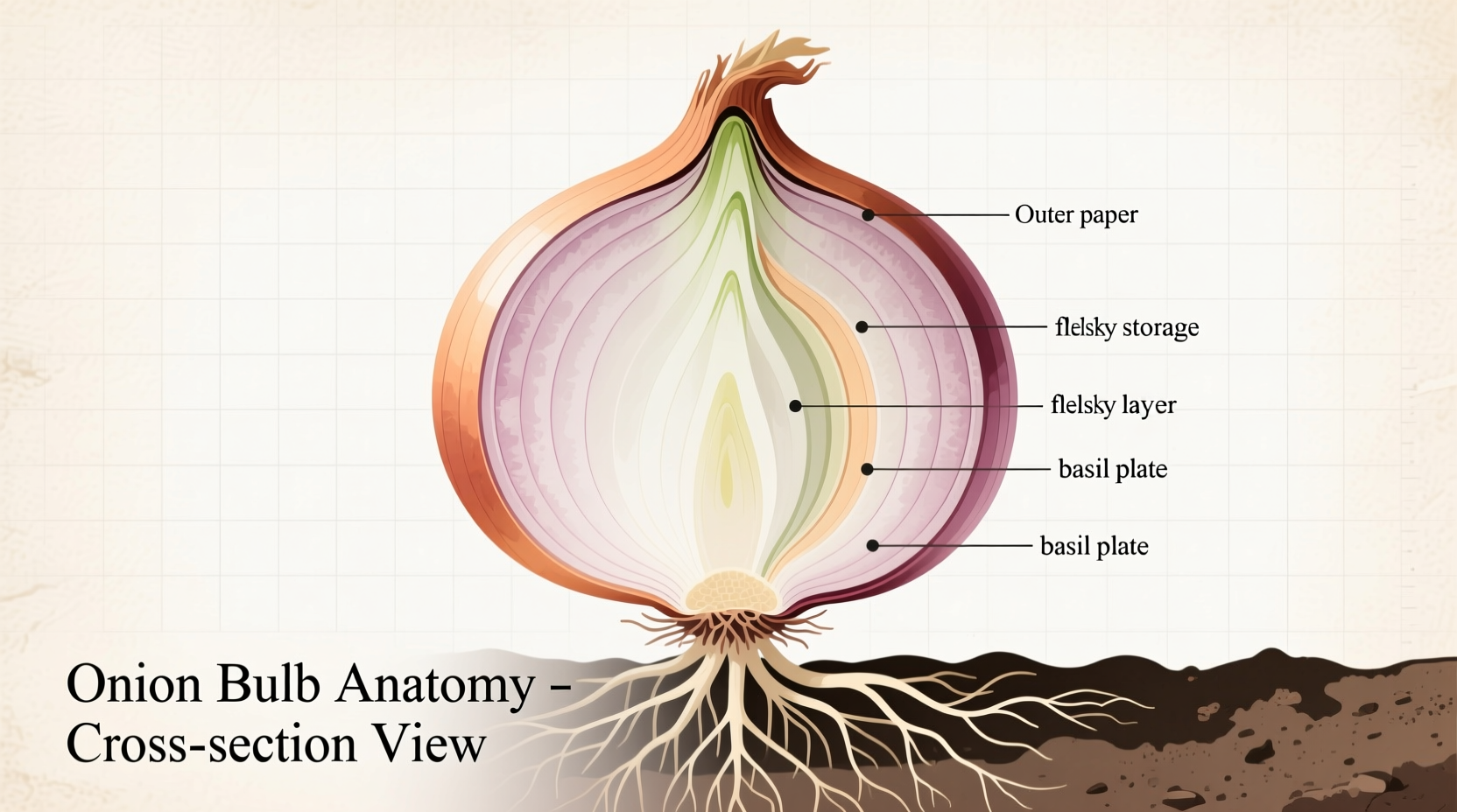 Cross-section showing onion bulb layers and root structure