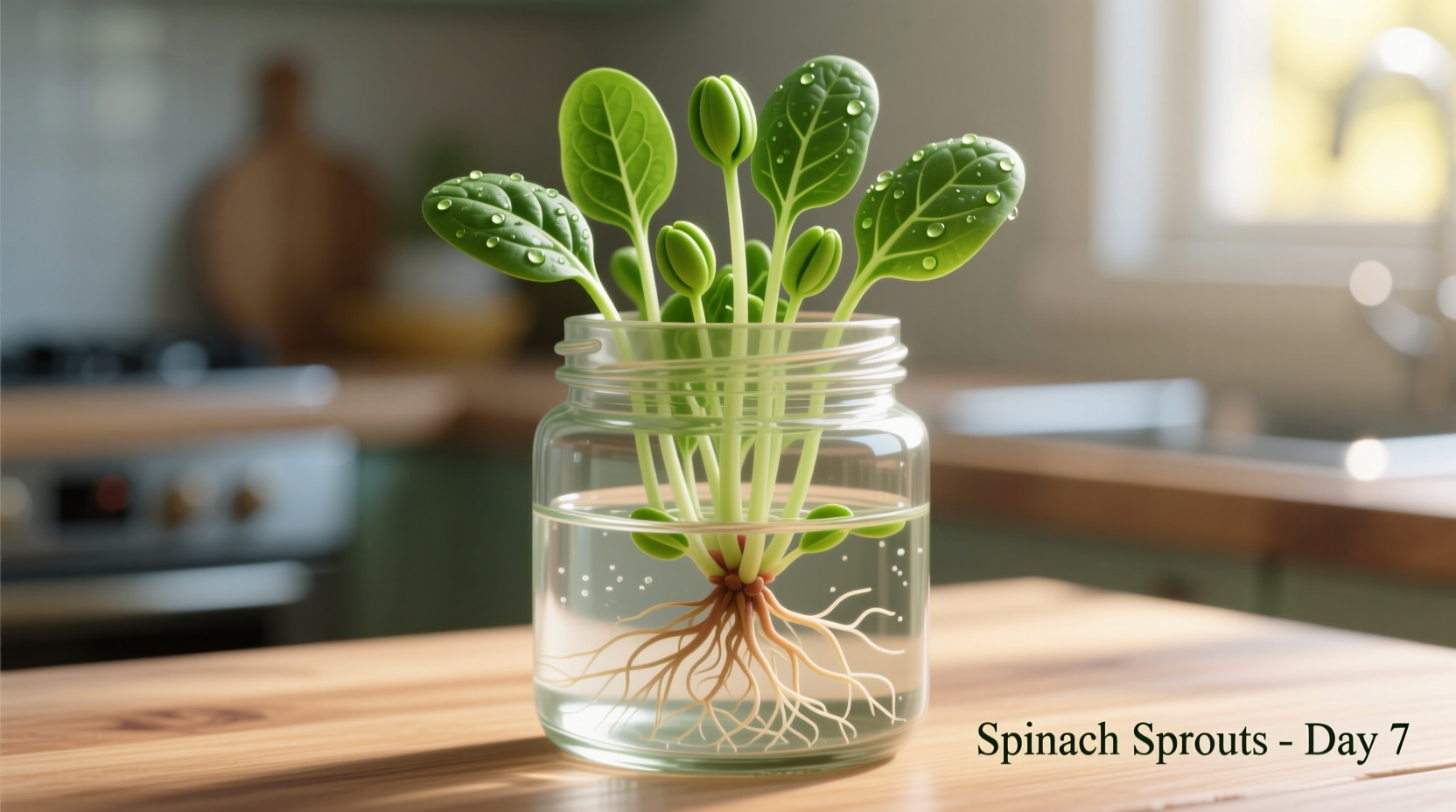 Spinach sprouts growing in glass jar