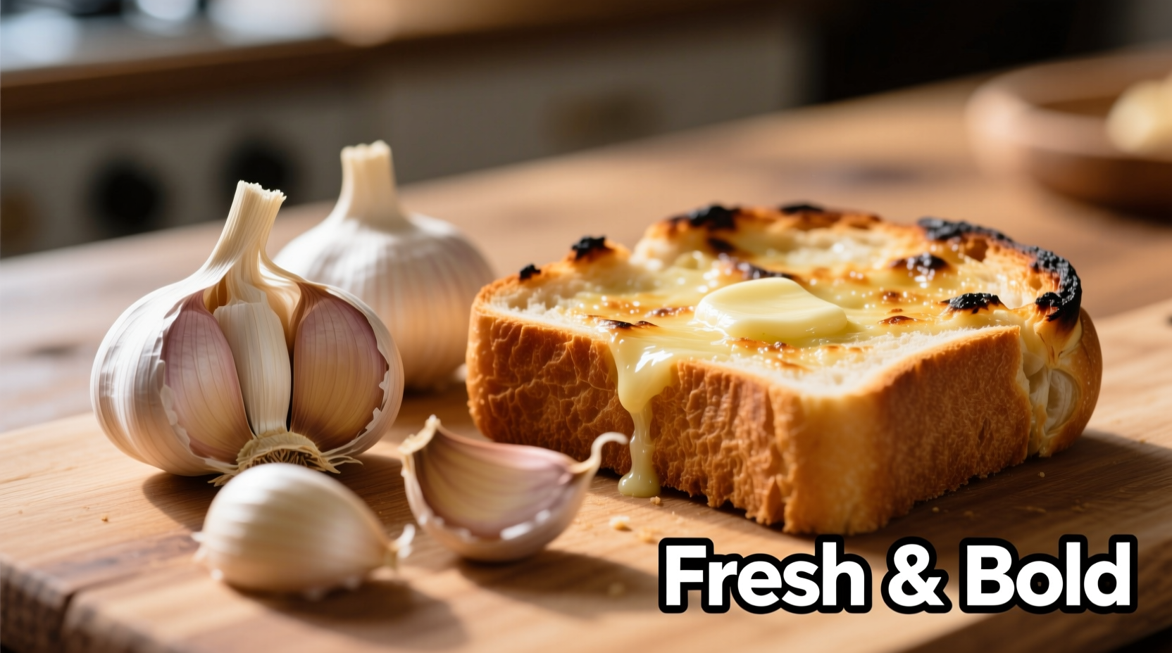 Fresh garlic cloves next to sliced garlic bread