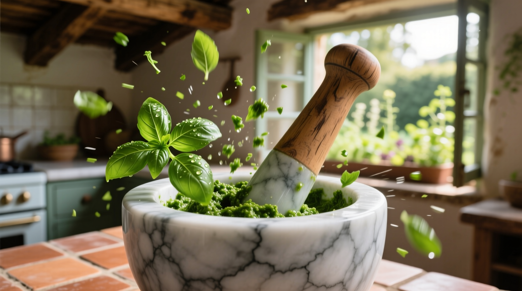 Fresh basil and parsley pesto in marble mortar