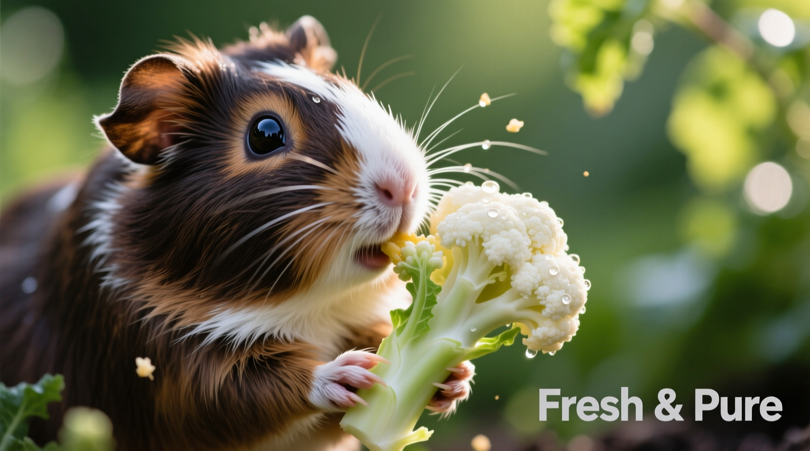 Guinea pig nibbling on fresh cauliflower floret