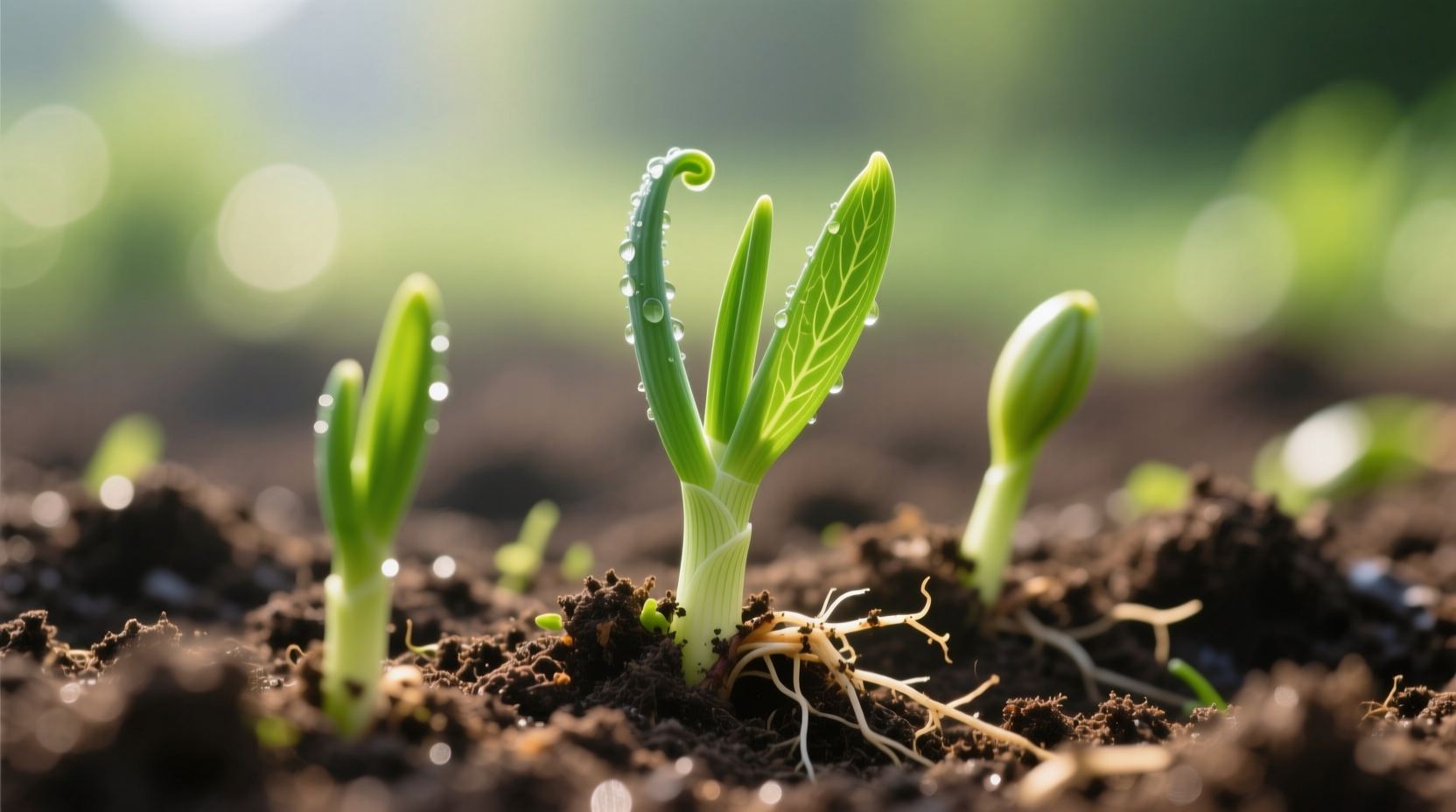 Healthy spring onion seedlings in garden soil