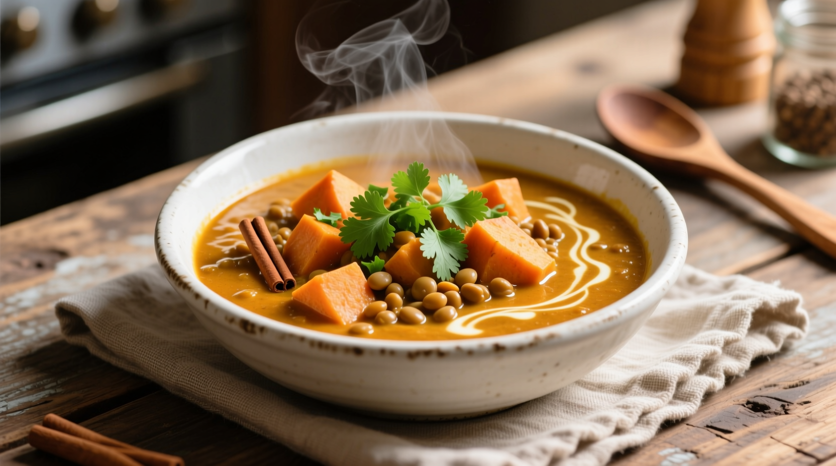 Creamy lentil sweet potato curry in white bowl with cilantro