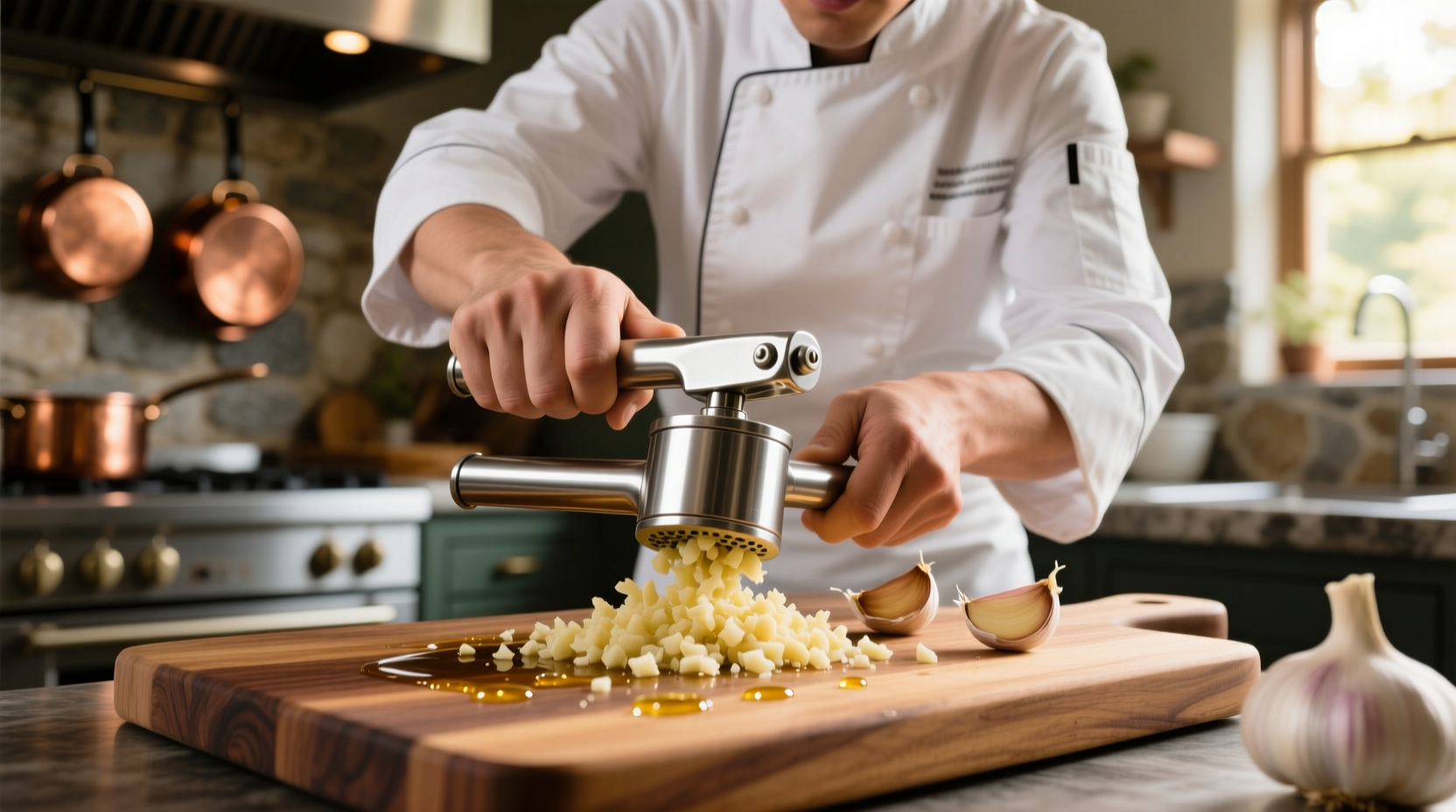 Professional chef using garlic press on wooden cutting board