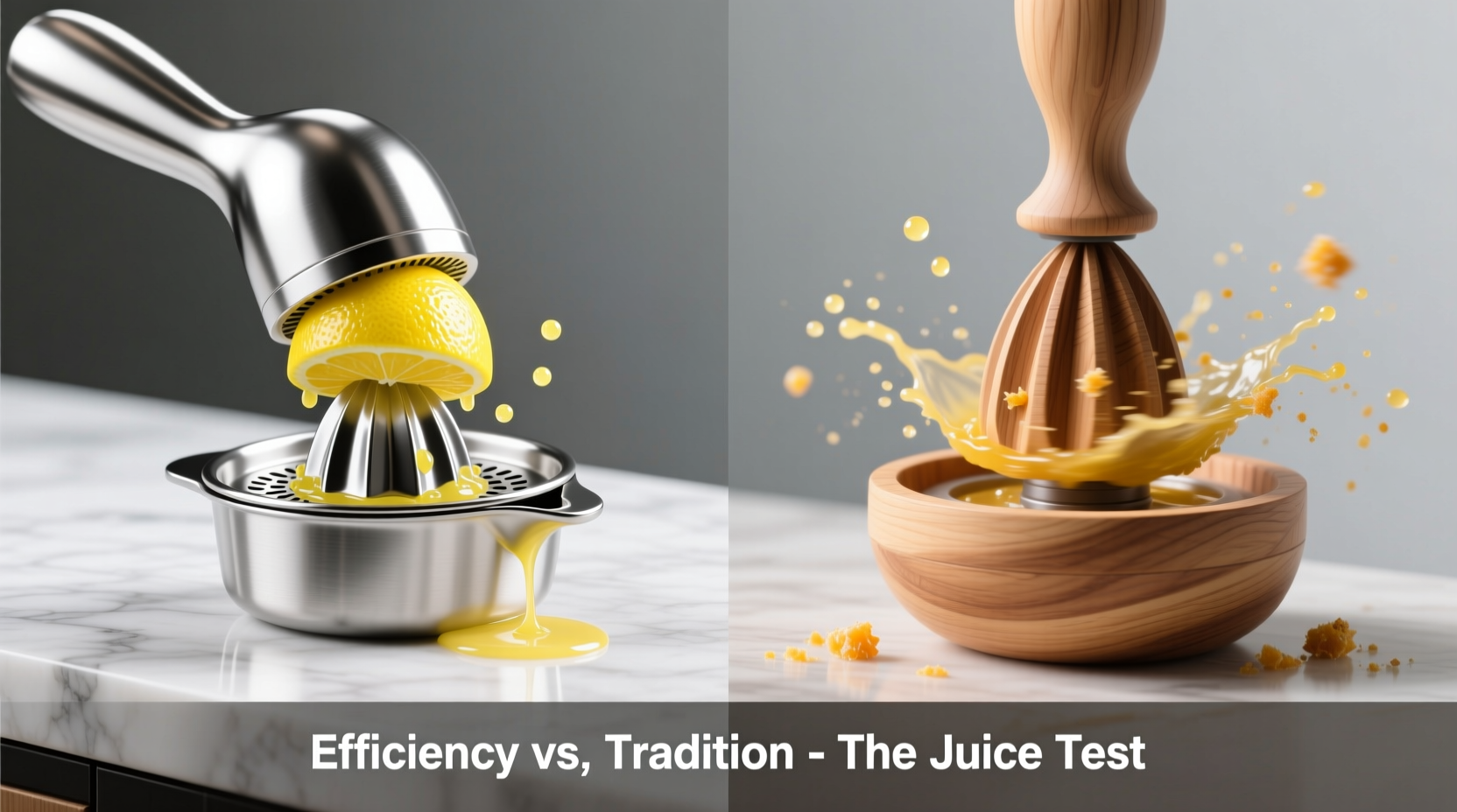 Side-by-side comparison: stainless-steel handheld citrus juicer pressing a halved lemon on a marble counter, next to a wooden reamer mid-rotation with visible juice spray and pulp residue