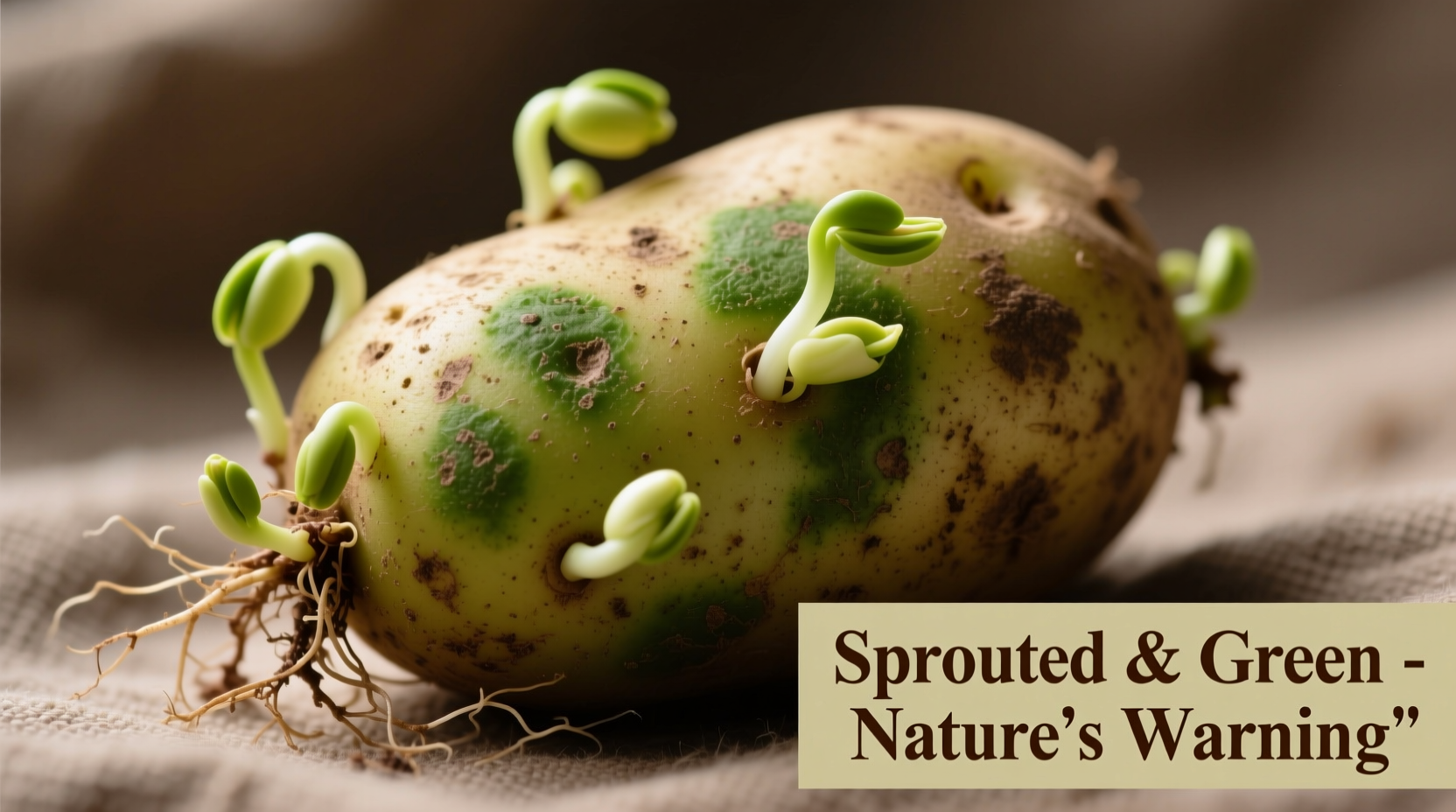 Raw potato showing green discoloration and sprouts