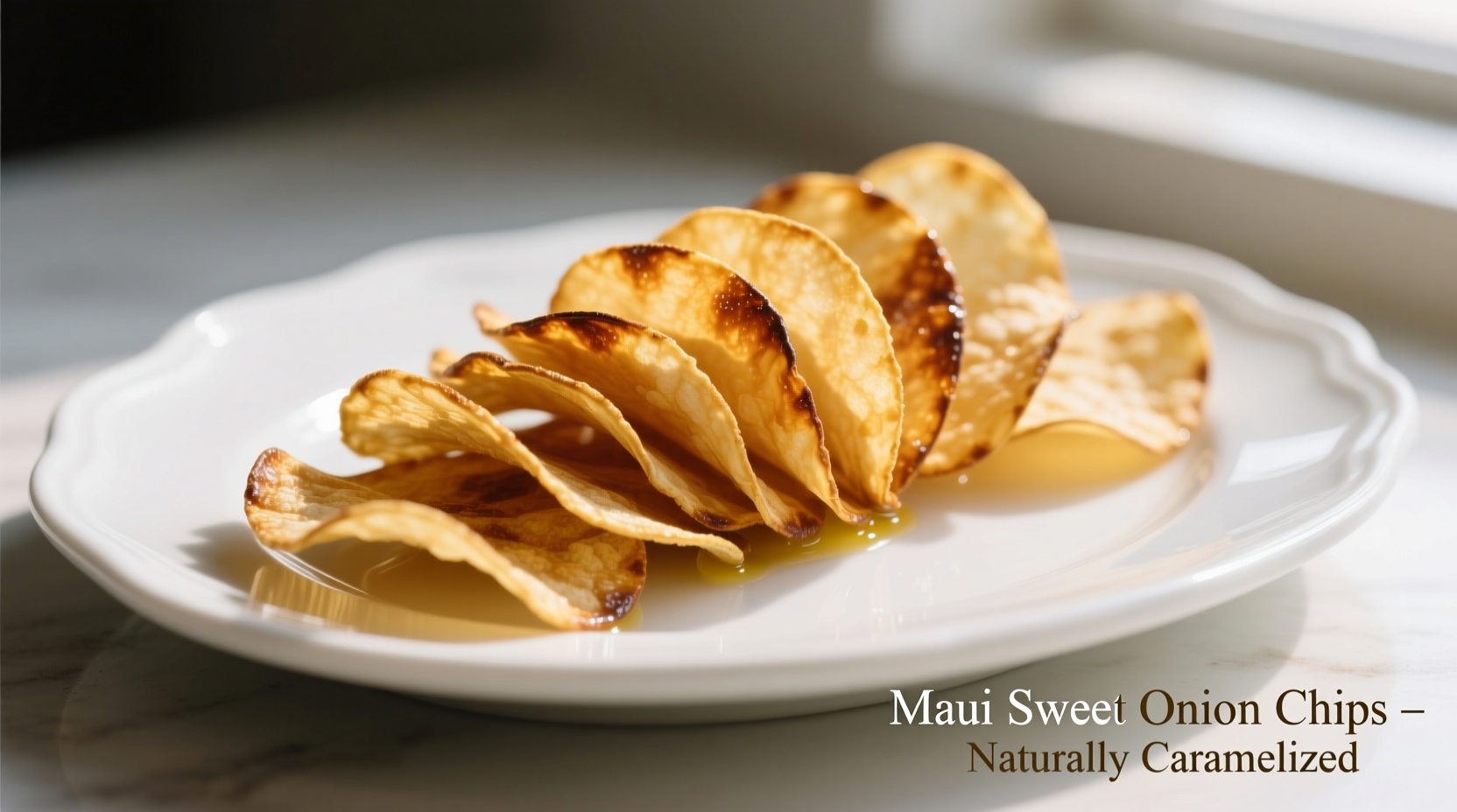 Golden sweet Maui onion chips on white plate