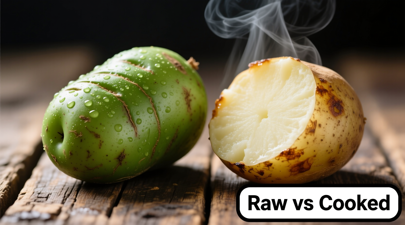 Raw green potato next to cooked potato comparison