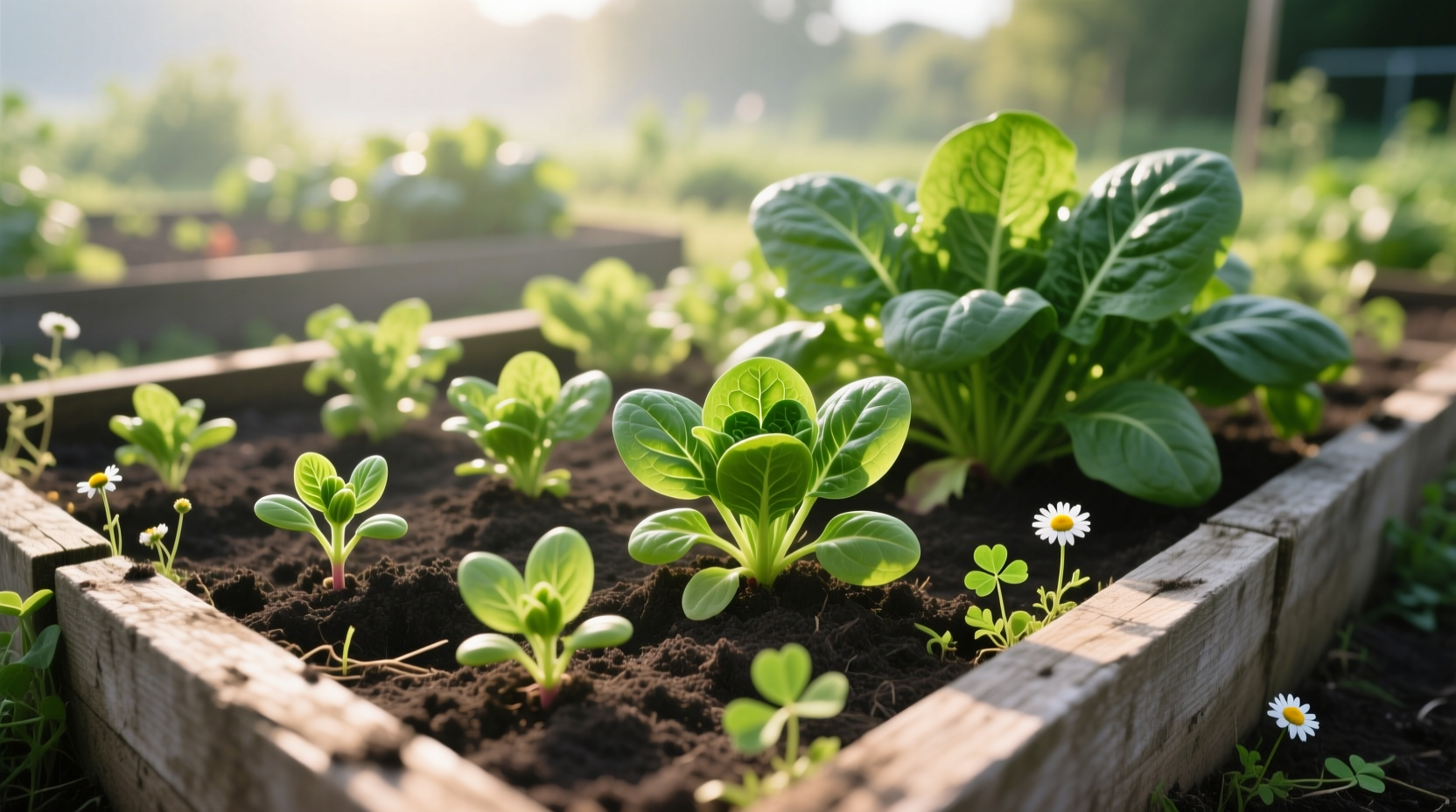 Spinach plants at various growth stages in garden bed