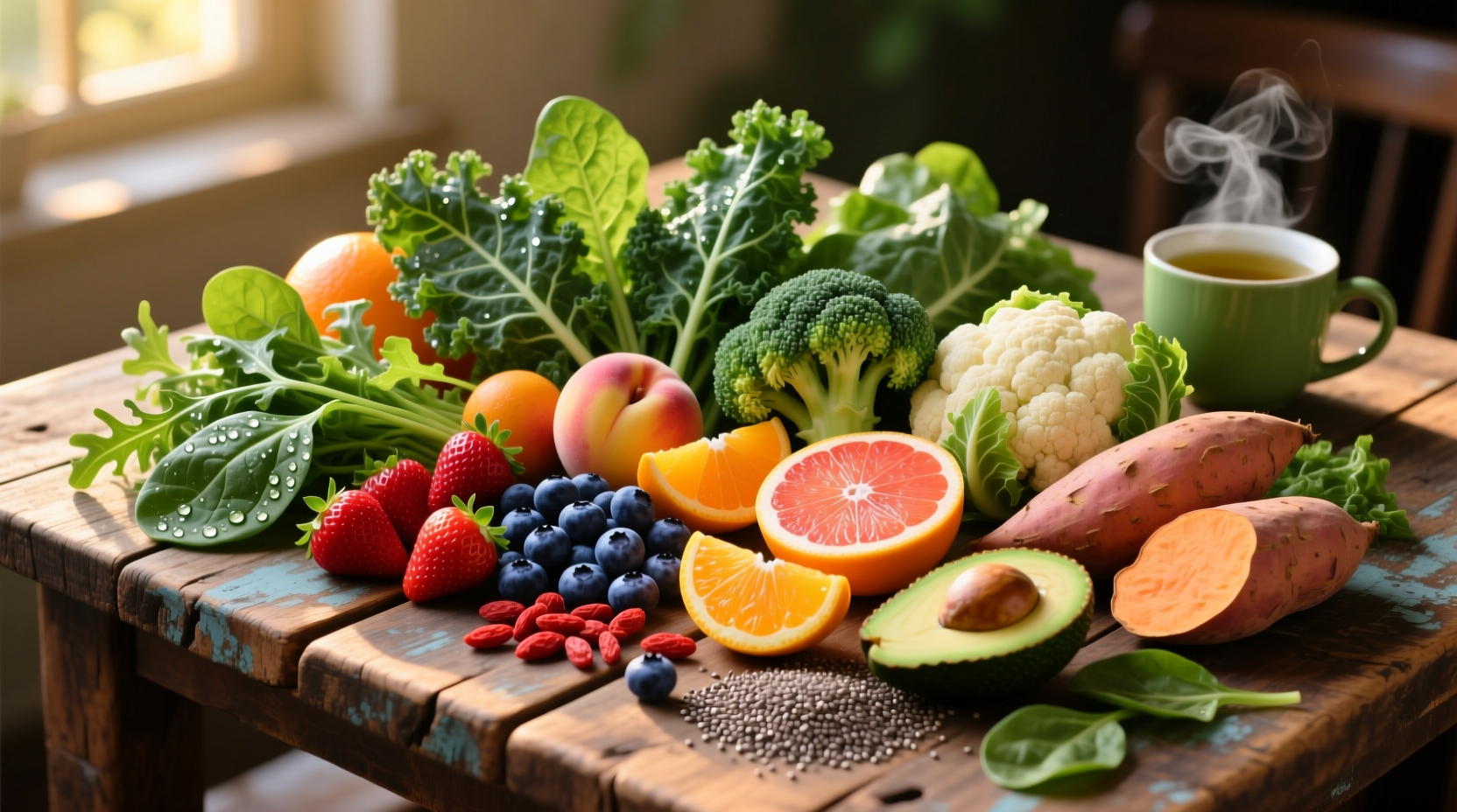 Colorful assortment of nutrient-dense foods on wooden table