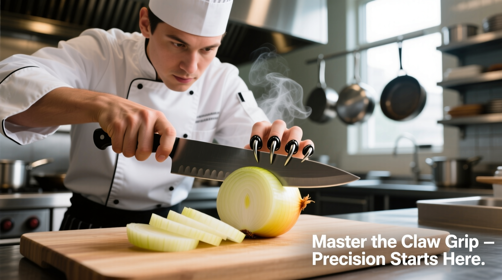 Professional chef demonstrating proper onion cutting technique with claw grip