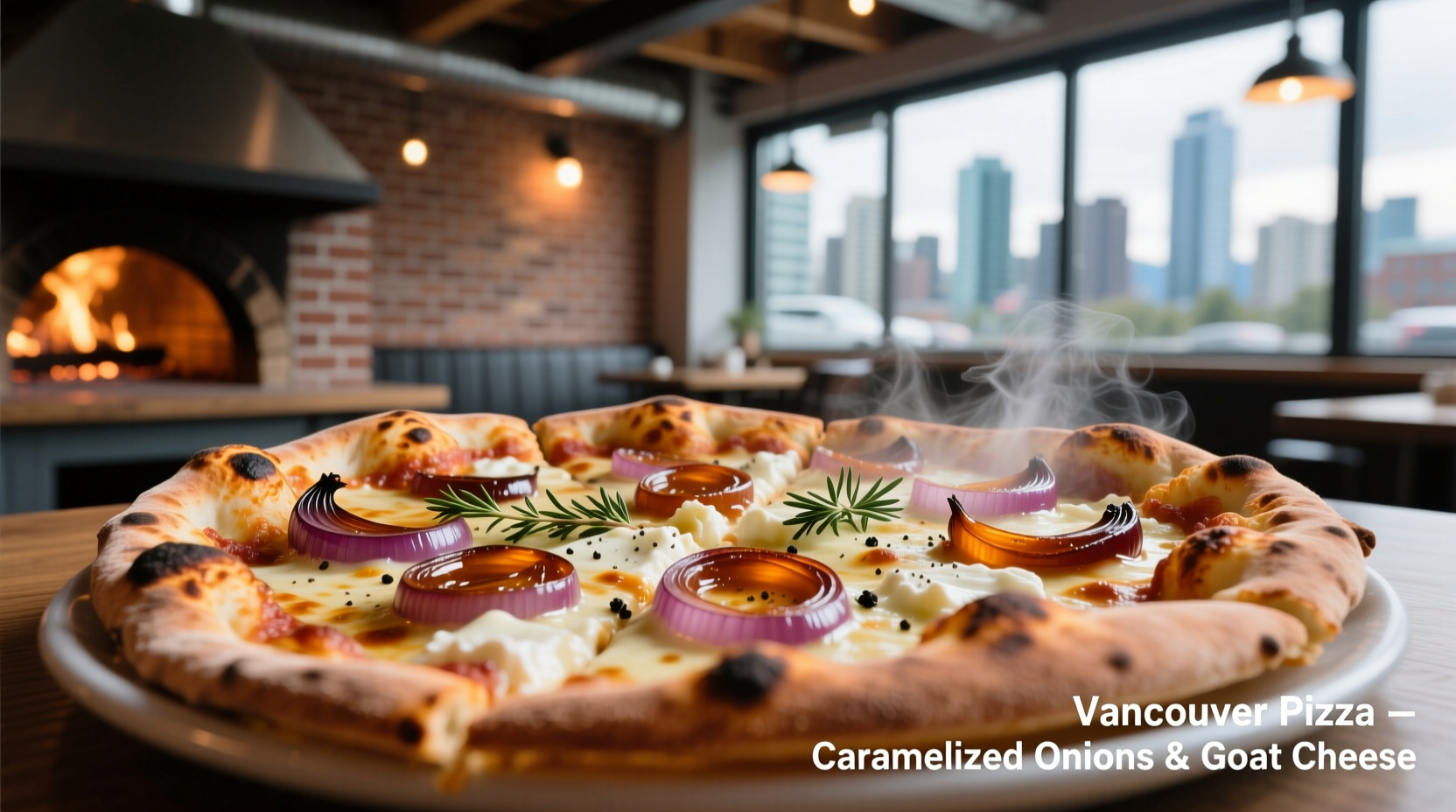 Vancouver pizza with caramelized onions and goat cheese