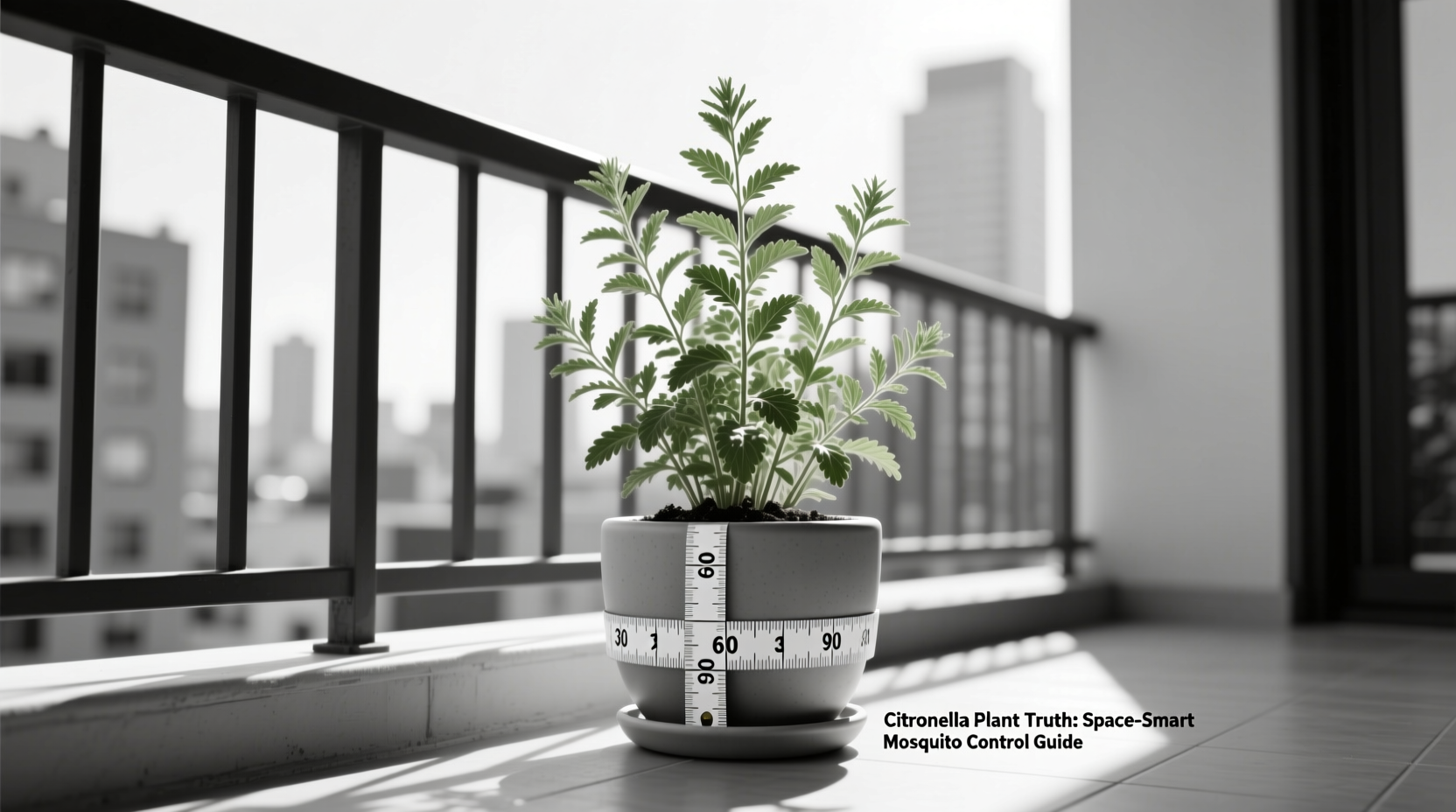 Citronella grass growing in container on urban balcony with measurement markers showing optimal placement distance