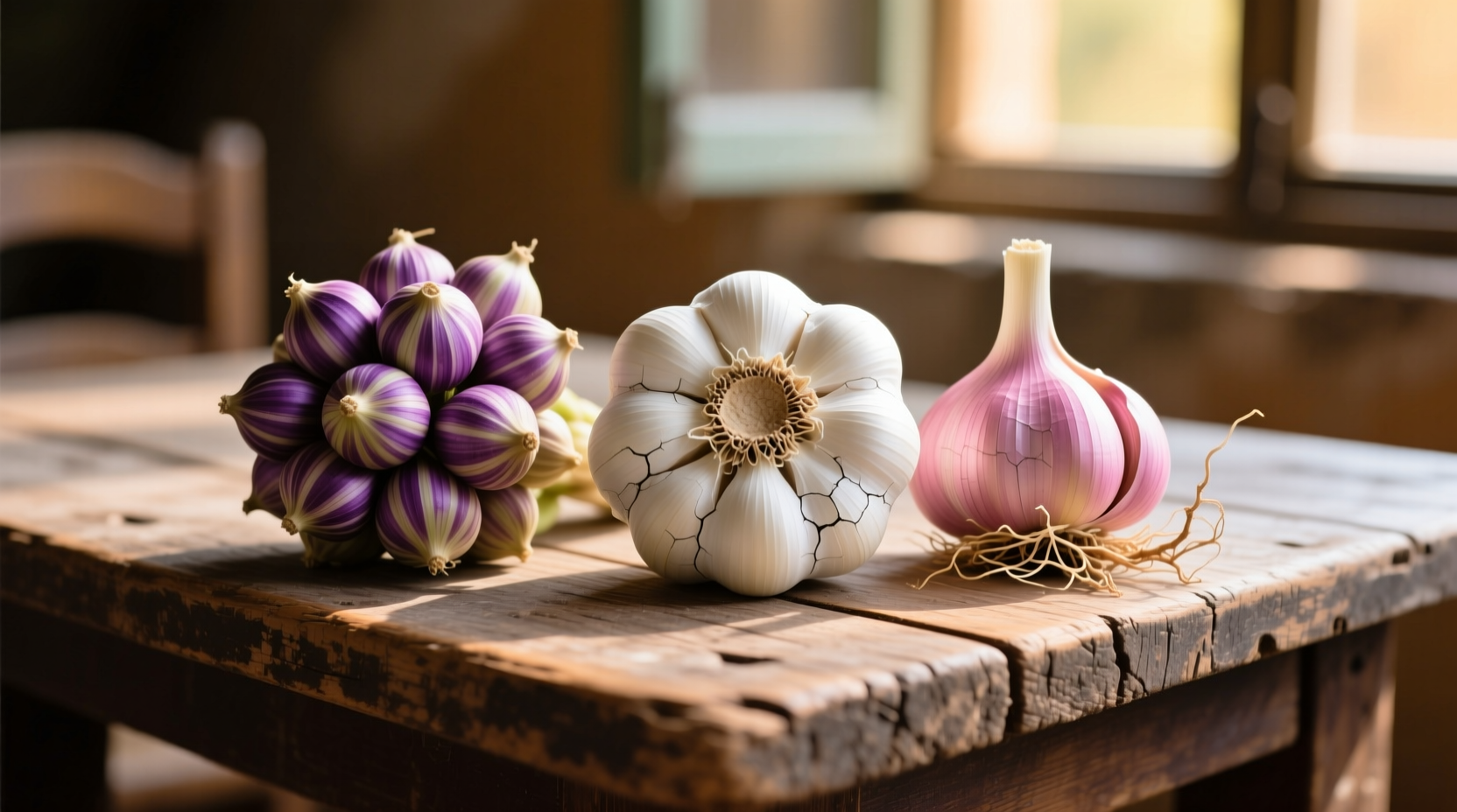 Close-up of different garlic strains on wooden table