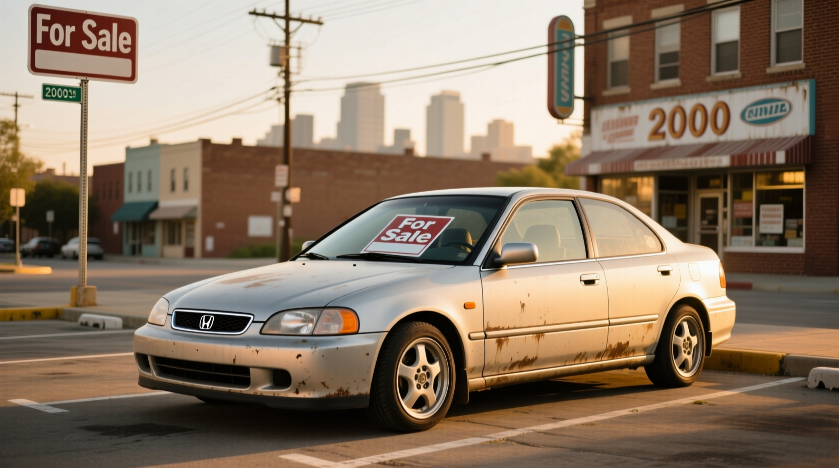 Side view of 2002 Honda hatchback on suburban road