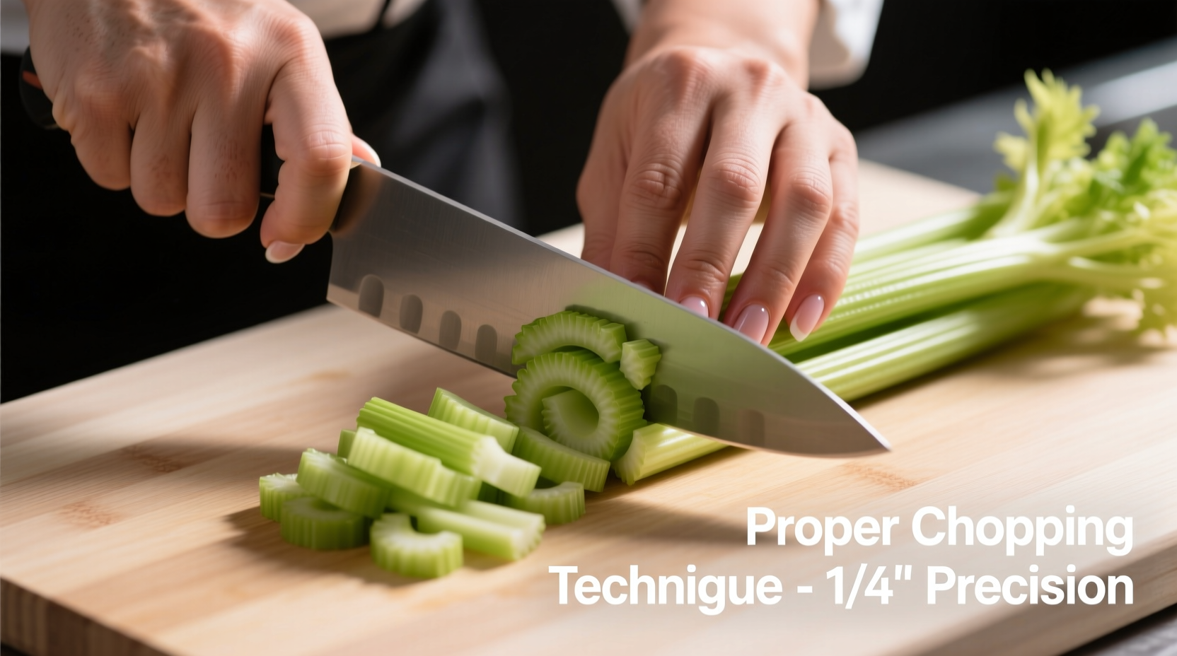 Chef's hands demonstrating proper celery chopping technique