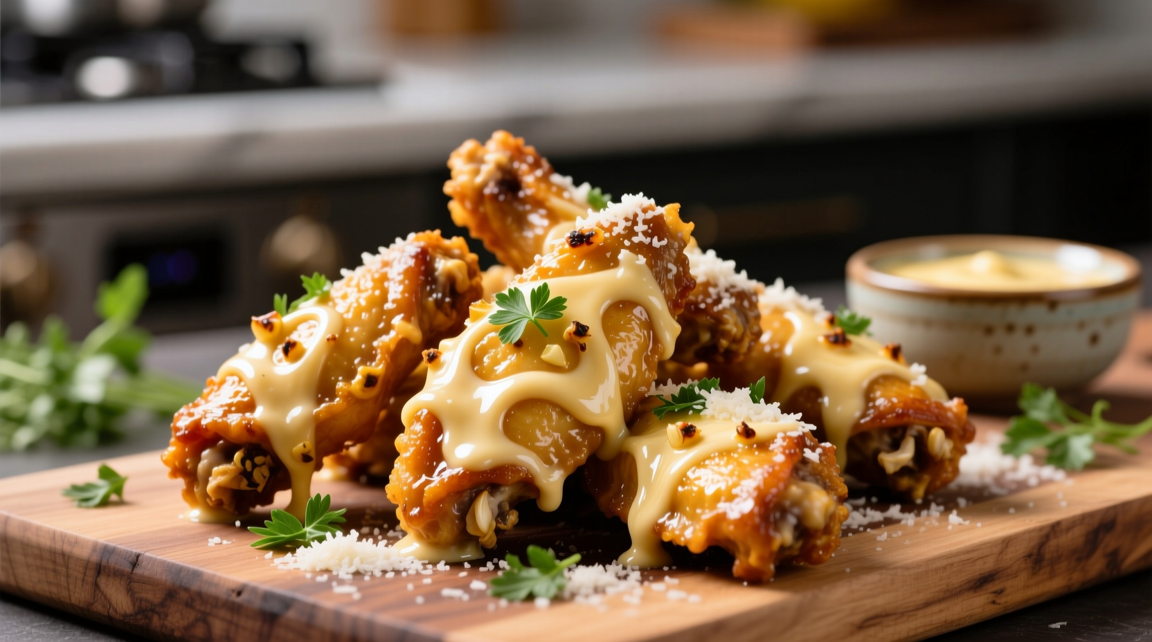 Creamy garlic parmesan sauce coating golden chicken wings