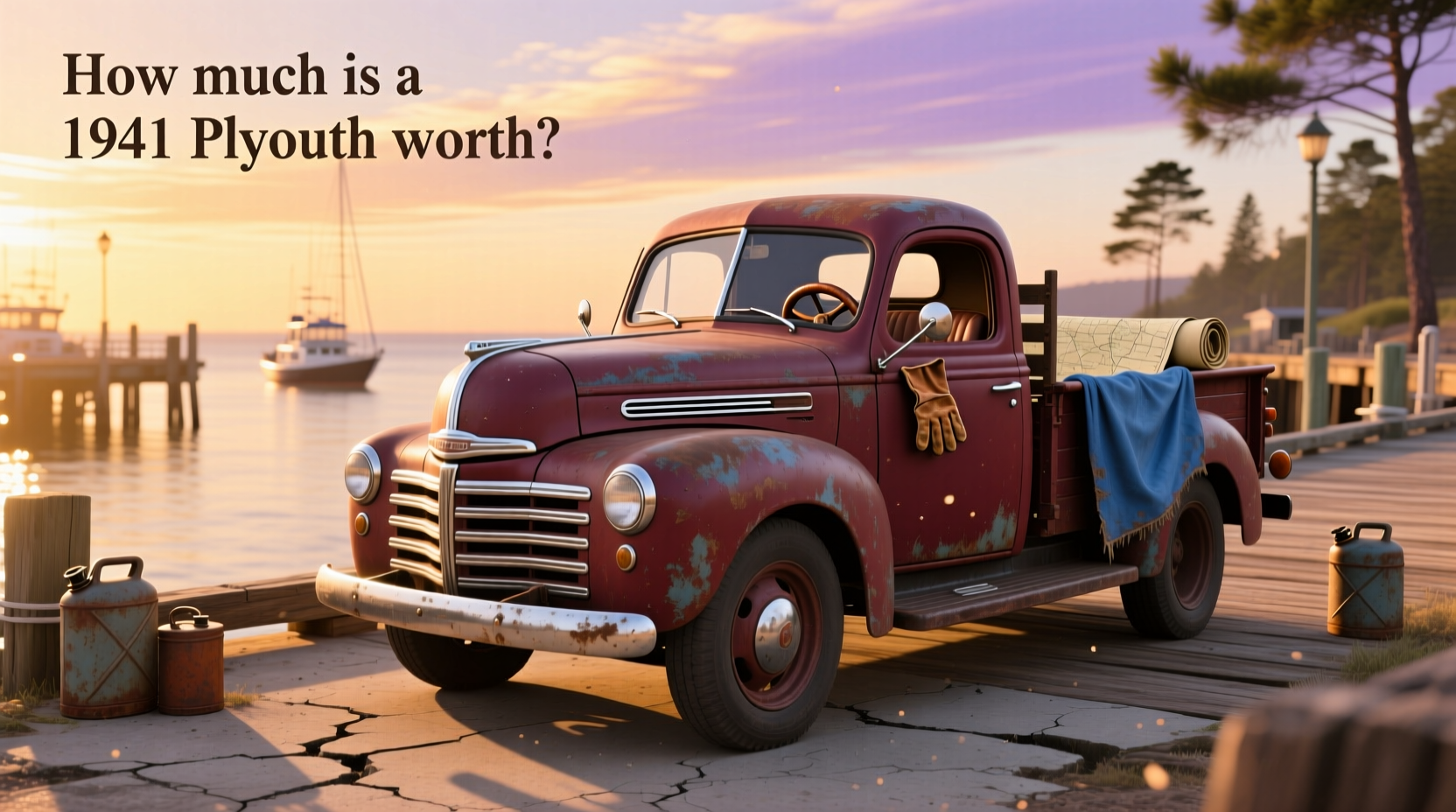 Side profile of a 1941 Plymouth pickup truck on paved road
