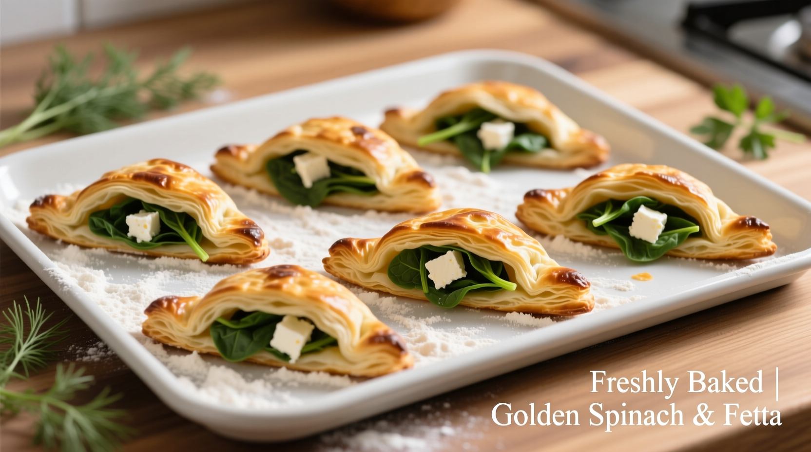 Golden spinach feta pastry triangles on baking sheet