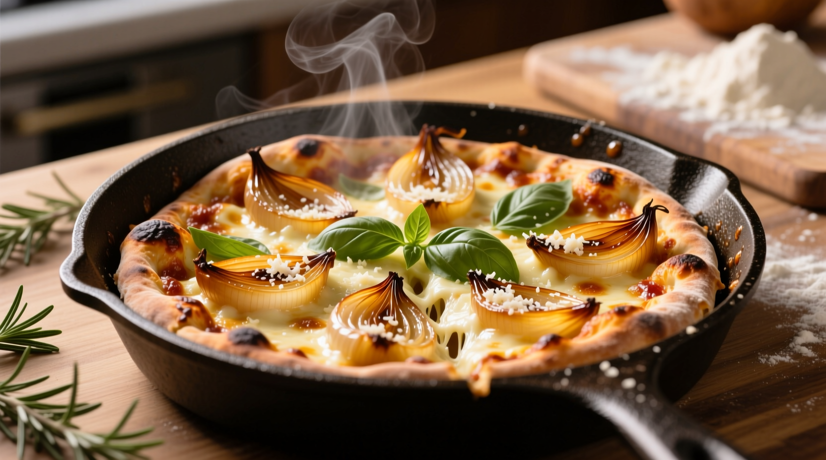 Golden caramelised onions in skillet with pizza ingredients