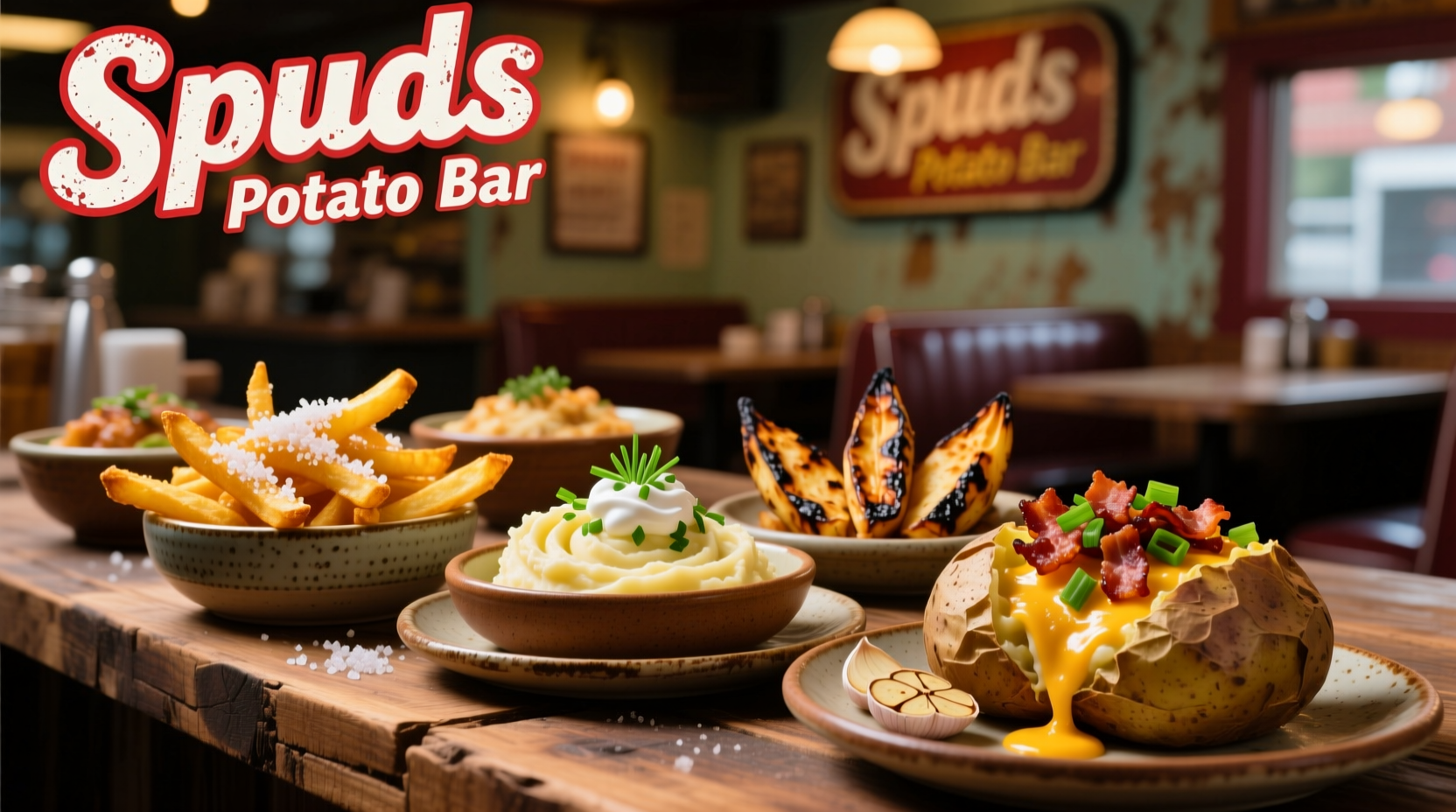 Variety of potato dishes at Spuds Potato Bar
