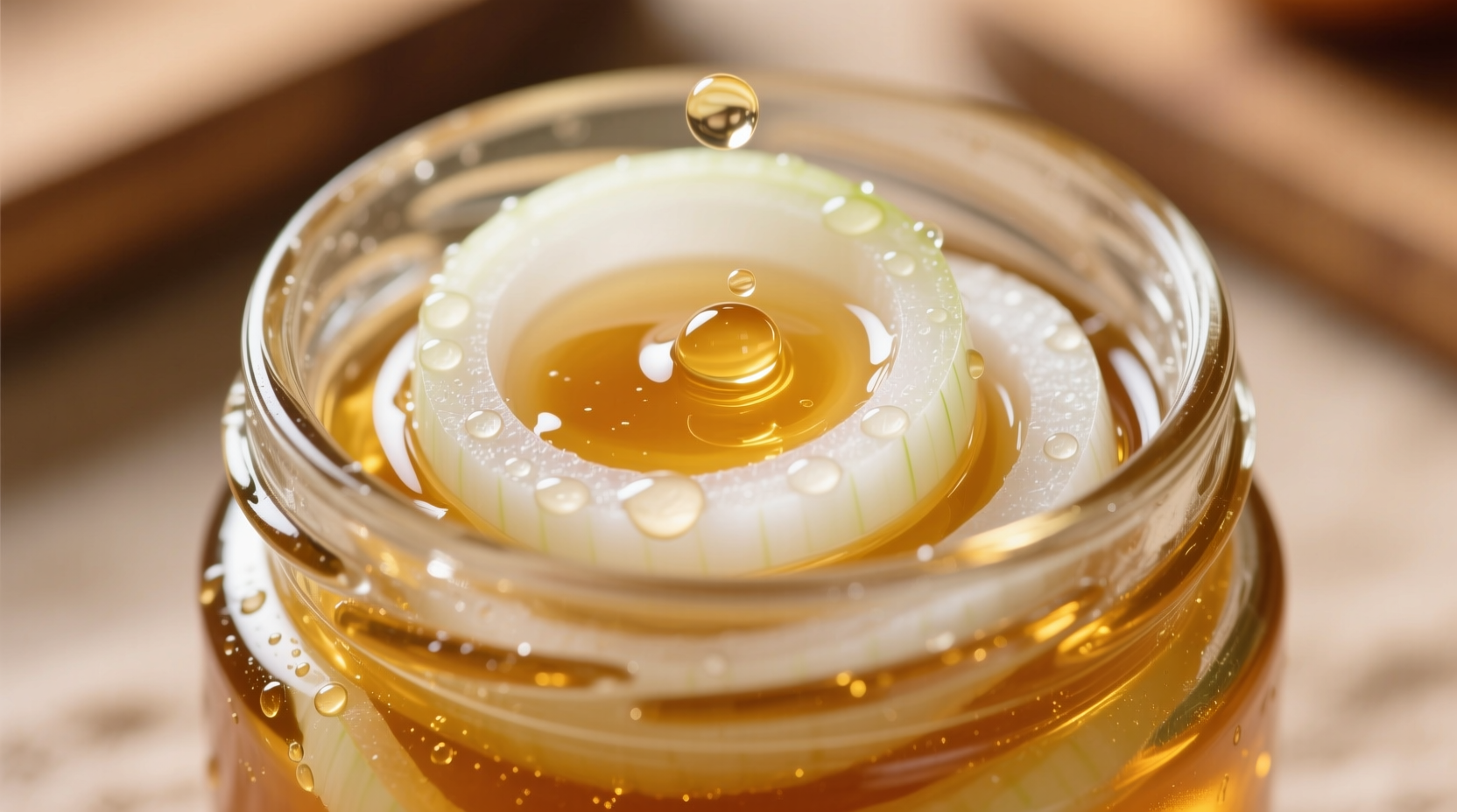 Fresh onion slices in honey mixture in glass jar