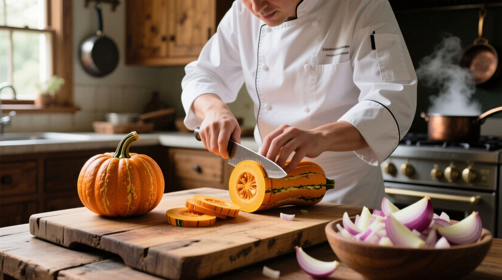 Chef preparing onion squash on wooden cutting board