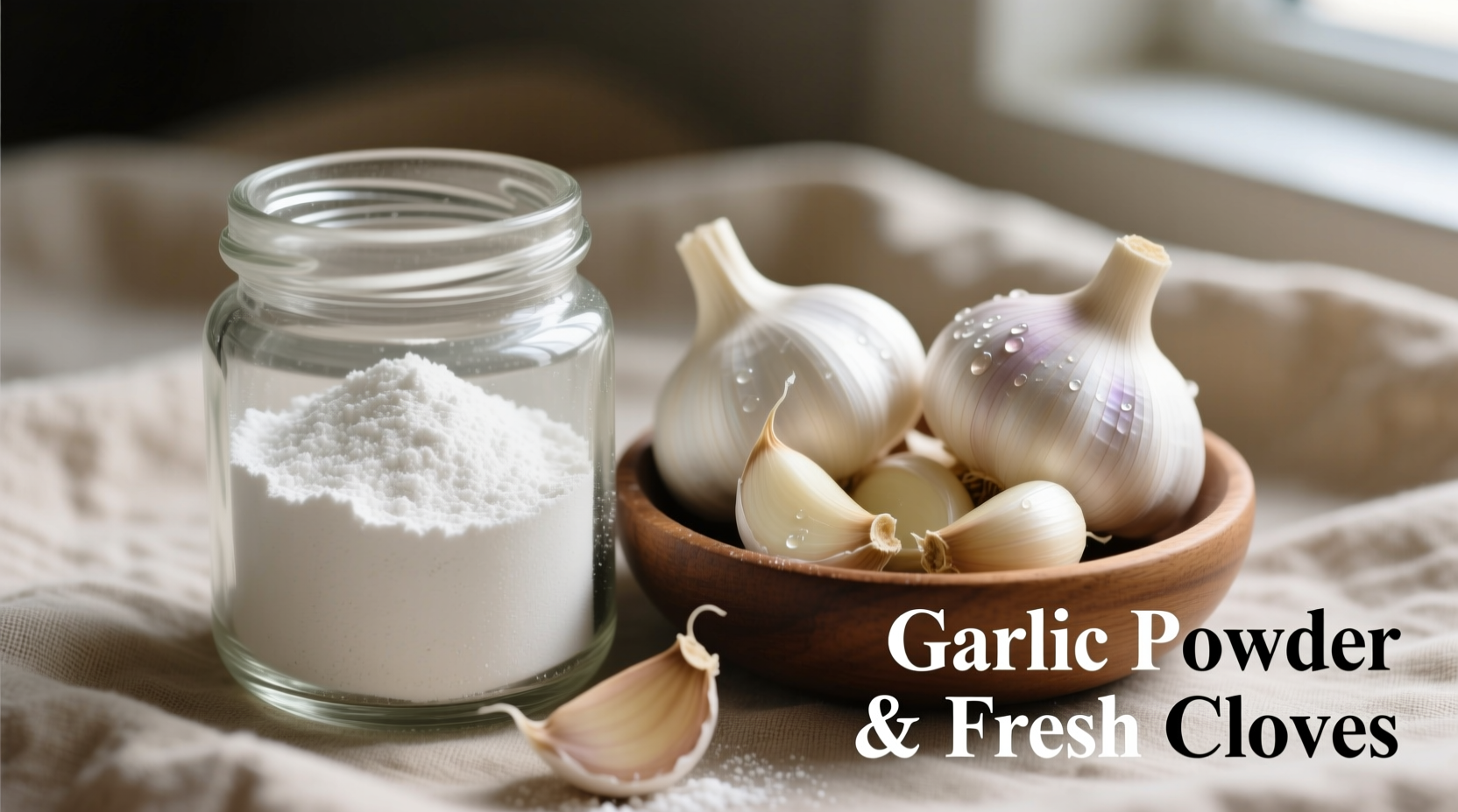 Garlic powder in glass container with fresh garlic cloves