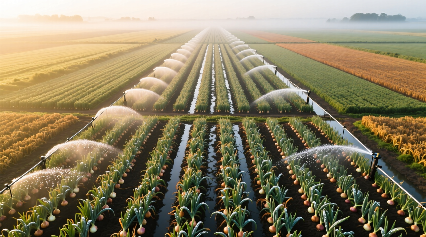Overhead view of neatly arranged onion fields with irrigation systems