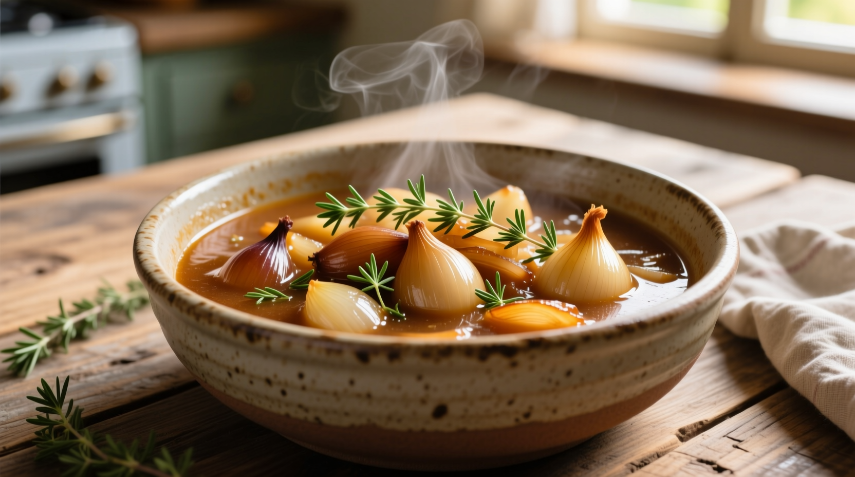Golden brown onion stew in ceramic bowl with fresh thyme