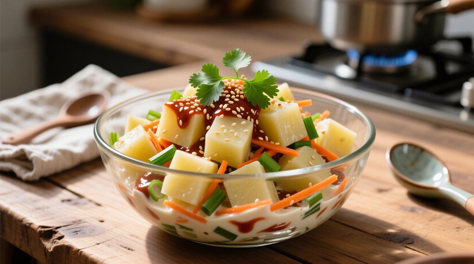 Creamy Korean potato salad in glass bowl with garnish