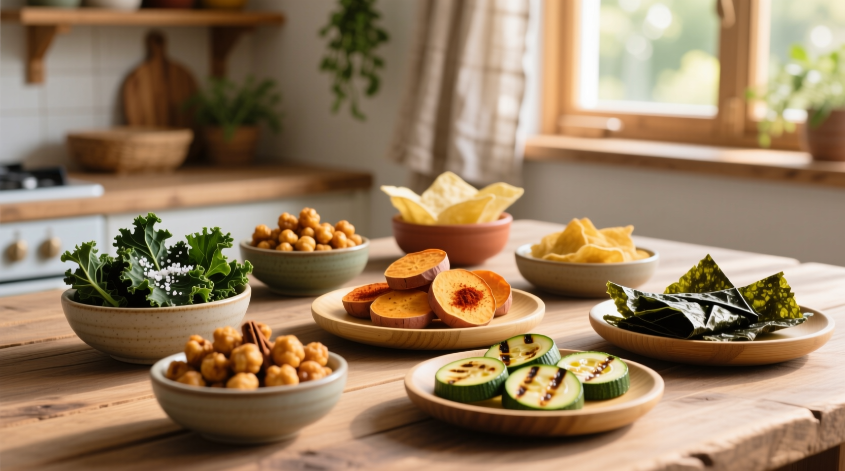 Assortment of healthy chip alternatives on wooden table