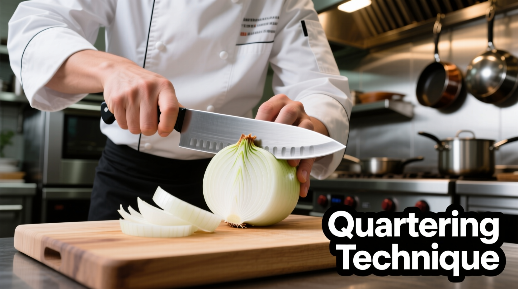 Chef demonstrating proper onion quartering technique