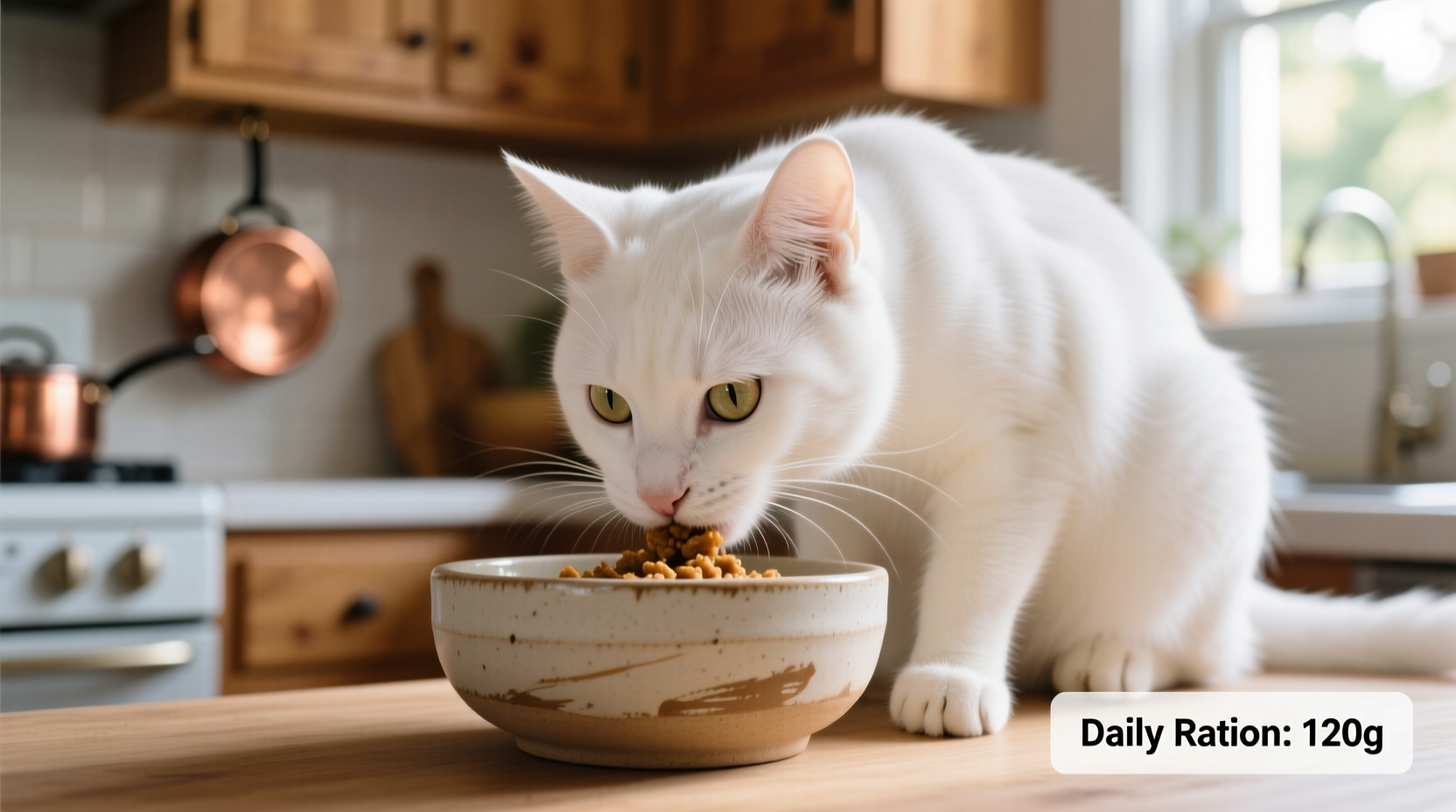 Cat eating measured portion from ceramic bowl