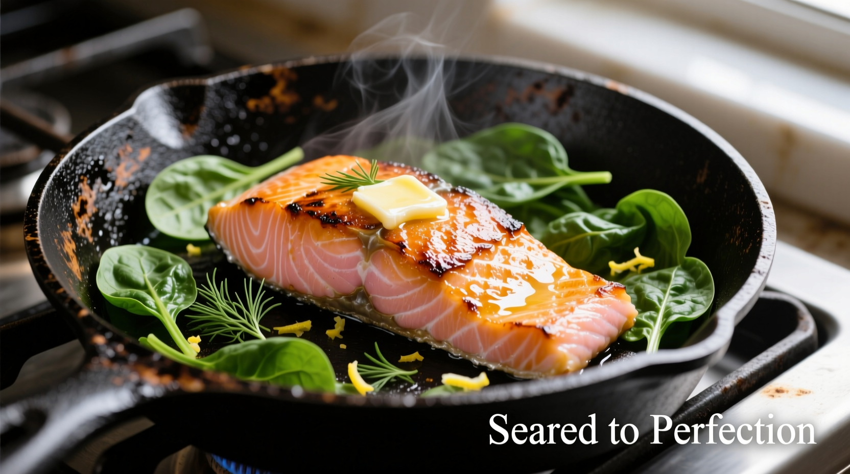 Perfectly seared salmon fillet with wilted spinach in cast iron skillet