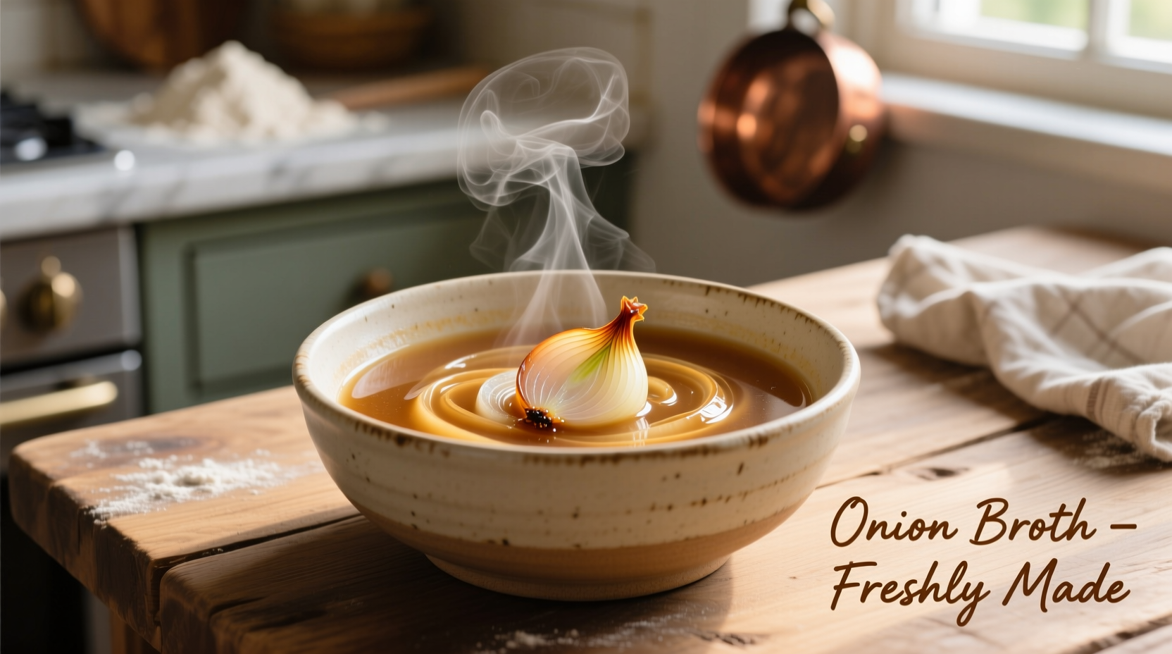 Freshly prepared onion broth in a ceramic bowl
