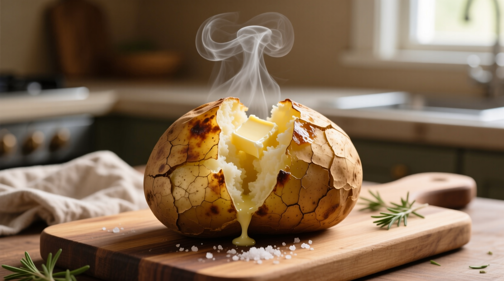Perfectly cooked microwave baked potato with steam rising